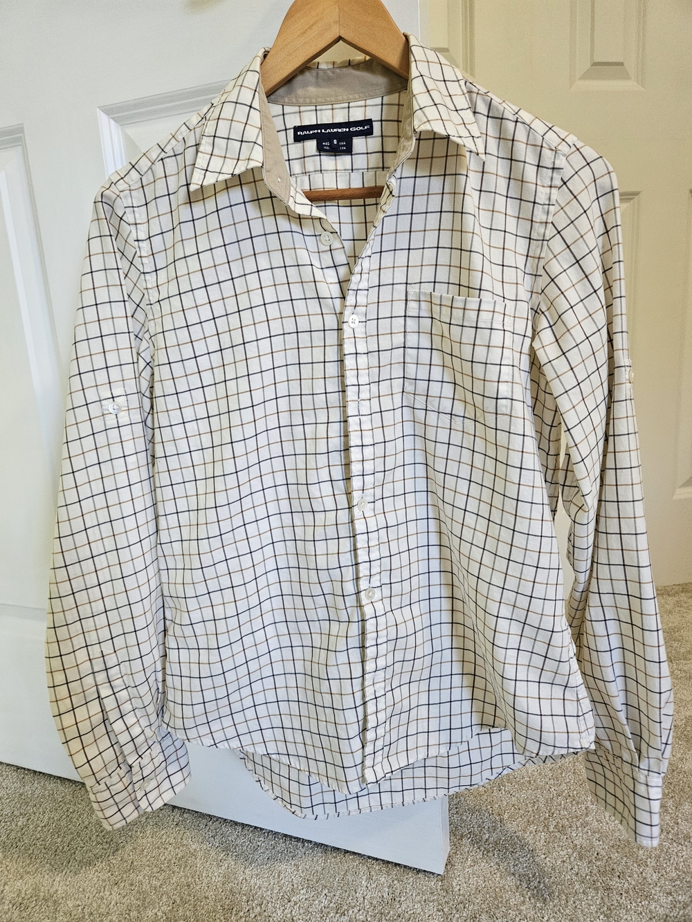 Ralph Lauren Women's Cream Button-Down Shirt with Brown Grid